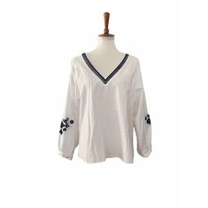 Zara Womens V Neck Floral Embroidered Pullover Top Long Sleeve White S Small